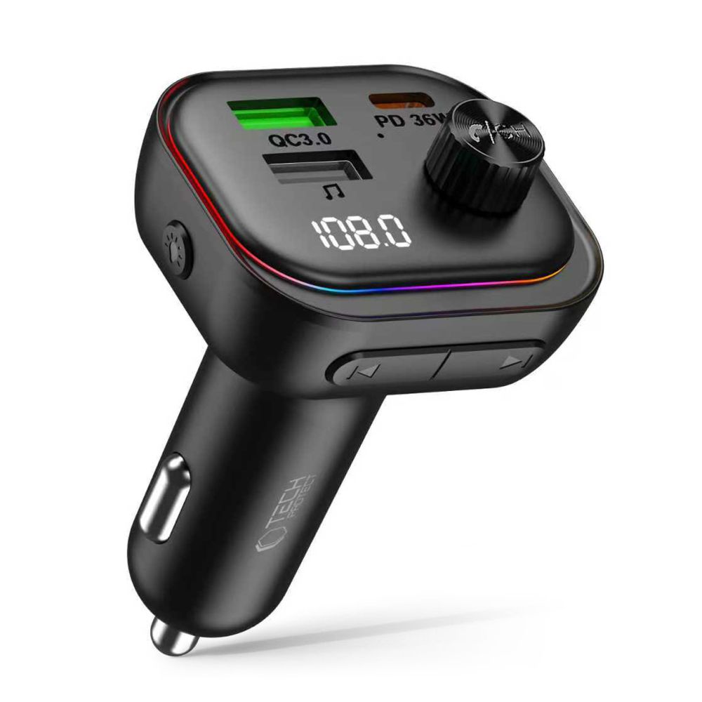 Transmiter FM z Bluetooth + ładowarka samochodowa 54W, Tech-Protect CC07, 2x USB-A, 1x USB-C, czarny