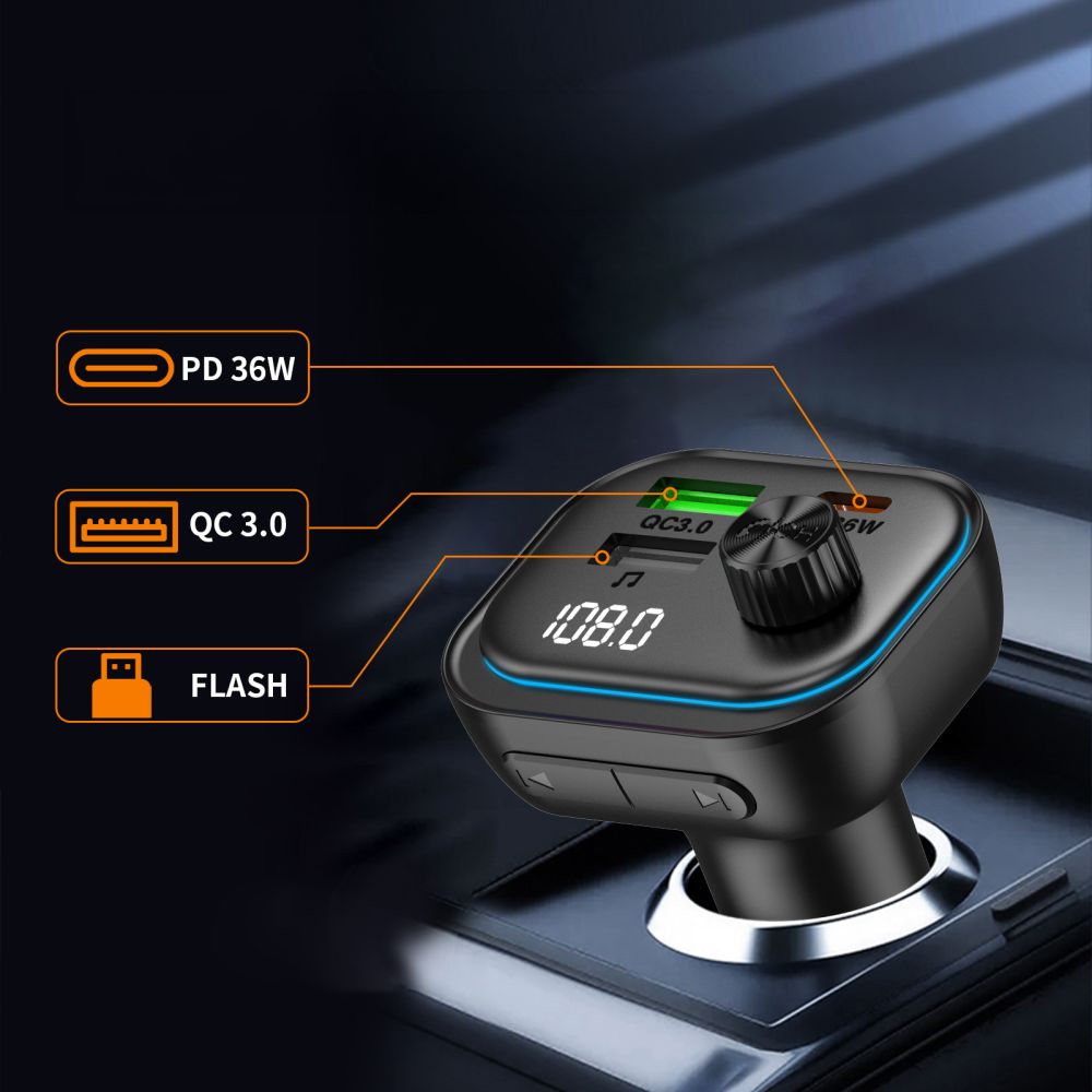 Transmiter FM z Bluetooth + ładowarka samochodowa 54W, Tech-Protect CC07, 2x USB-A, 1x USB-C, czarny