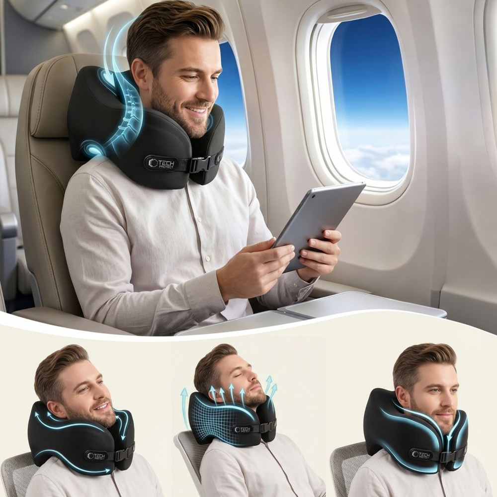 Poduszka na szyję do samochodu, Tech-Protect ComfortRest Travel Neck Pillow, czarna. Zapewnia wsparcie głowy podczas podróży, dzięki czemu cechuje się wygodą i lepszą postawą.