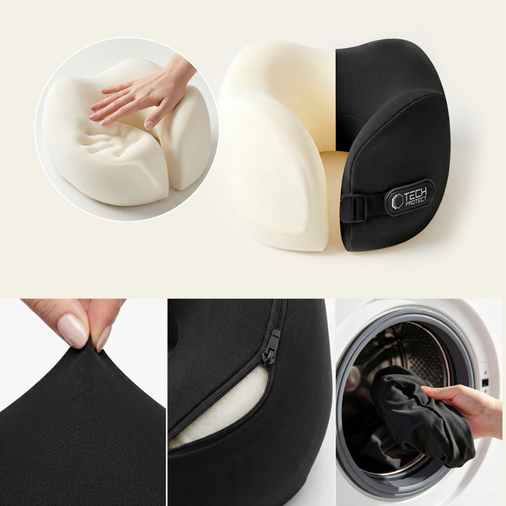 Poduszka na szyję do samochodu, Tech-Protect ComfortRest Travel Neck Pillow, czarna. Zapewnia wsparcie głowy podczas podróży, dzięki czemu cechuje się wygodą i lepszą postawą.