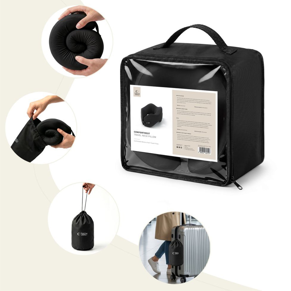 Poduszka na szyję do samochodu, Tech-Protect ComfortRest Travel Neck Pillow, czarna. Zapewnia wsparcie głowy podczas podróży, dzięki czemu cechuje się wygodą i lepszą postawą.