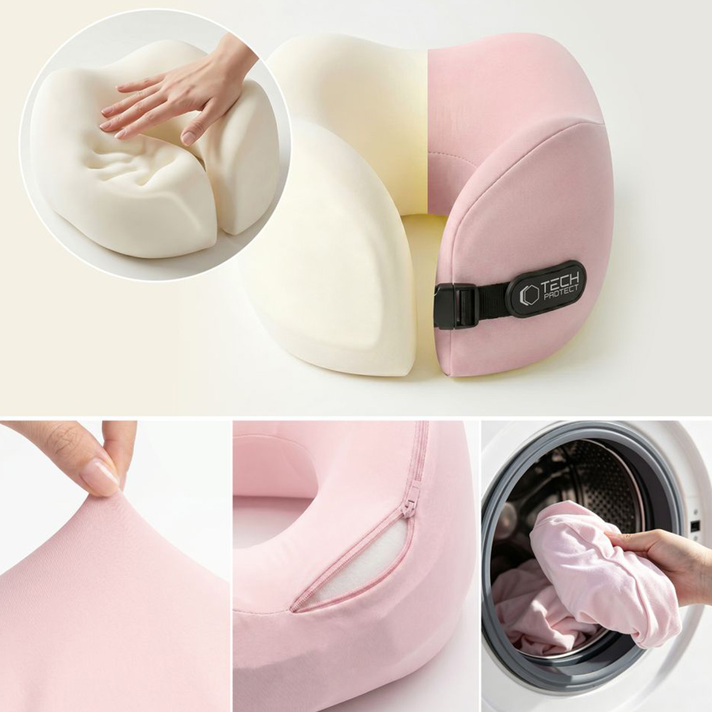 Poduszka na szyję do samochodu, Tech-Protect ComfortRest Travel Neck Pillow, różowa. Zapewnia wsparcie głowy podczas podróży, dzięki czemu cechuje się wygodą i lepszą postawą.