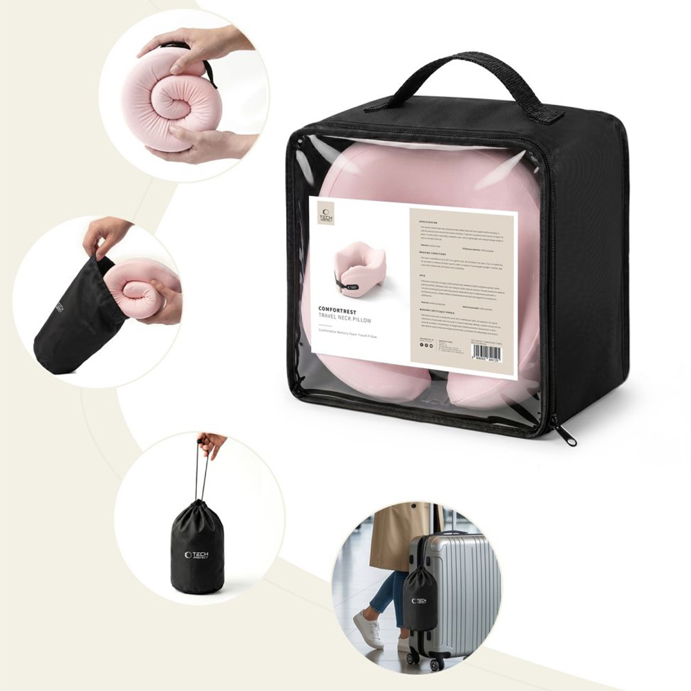 Poduszka na szyję do samochodu, Tech-Protect ComfortRest Travel Neck Pillow, różowa. Zapewnia wsparcie głowy podczas podróży, dzięki czemu cechuje się wygodą i lepszą postawą.
