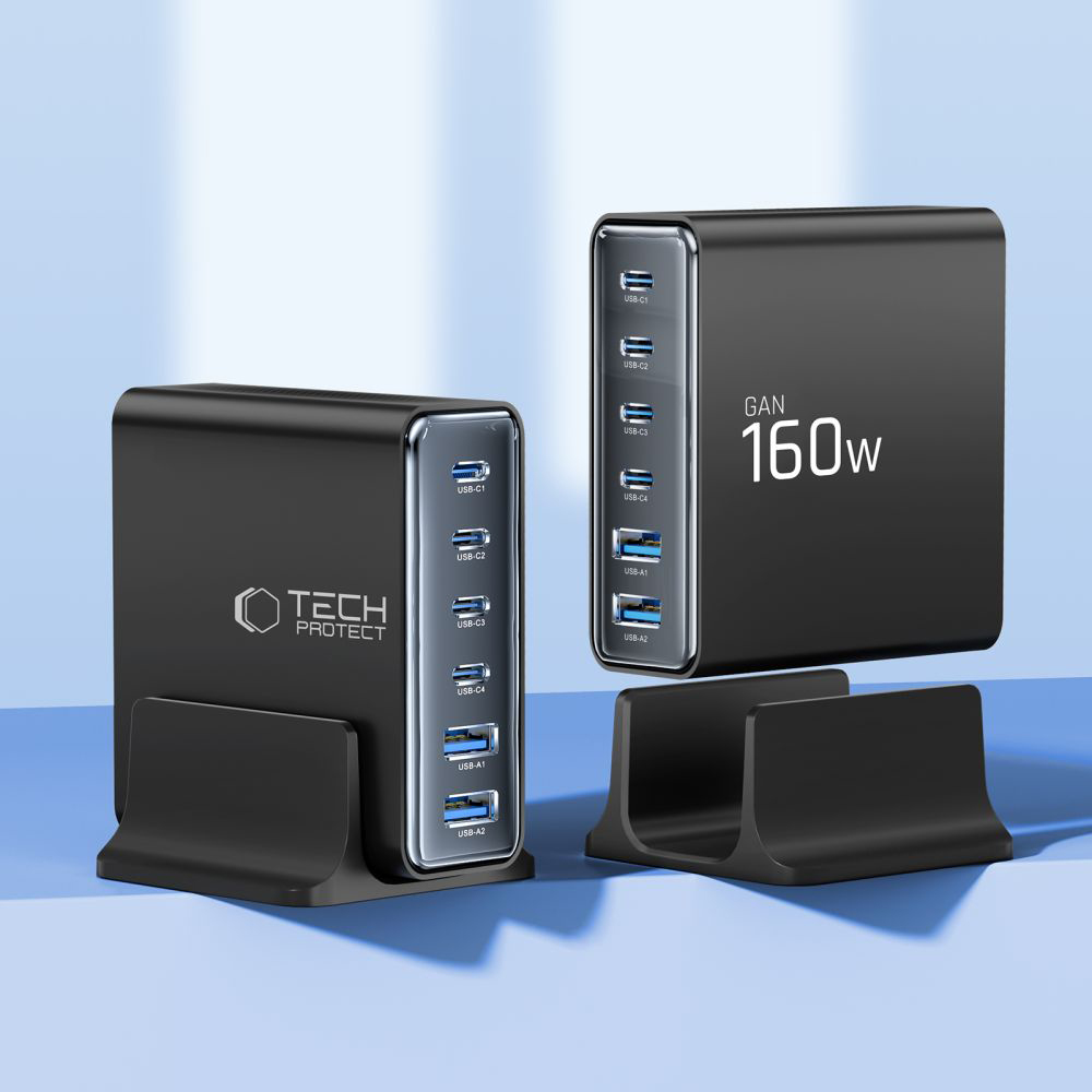 Tech-Protect DC160W-GAN, wielozadaniowa stacja ładowania porty USB wygoda organizacja, czarna