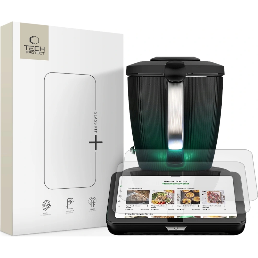 Szkło hartowane Tech Protect Glass Fit+ do Thermomix TM7, 2 sztuki, przezroczyste. Szkło o grubości 0,3 mm i twardości 9H wykonane z lekkiego ochronnego szkła frezowanego z powłoką oleofobową.