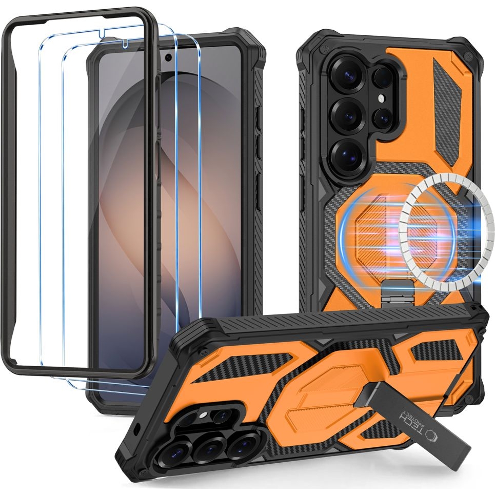Etui pancerne ze wbudowaną podstawką i osłoną na ekran, Tech-Protect Kevlar MagSafe+ do Samsung Galaxy S26 Ultra, czarno-pomarańczowe.