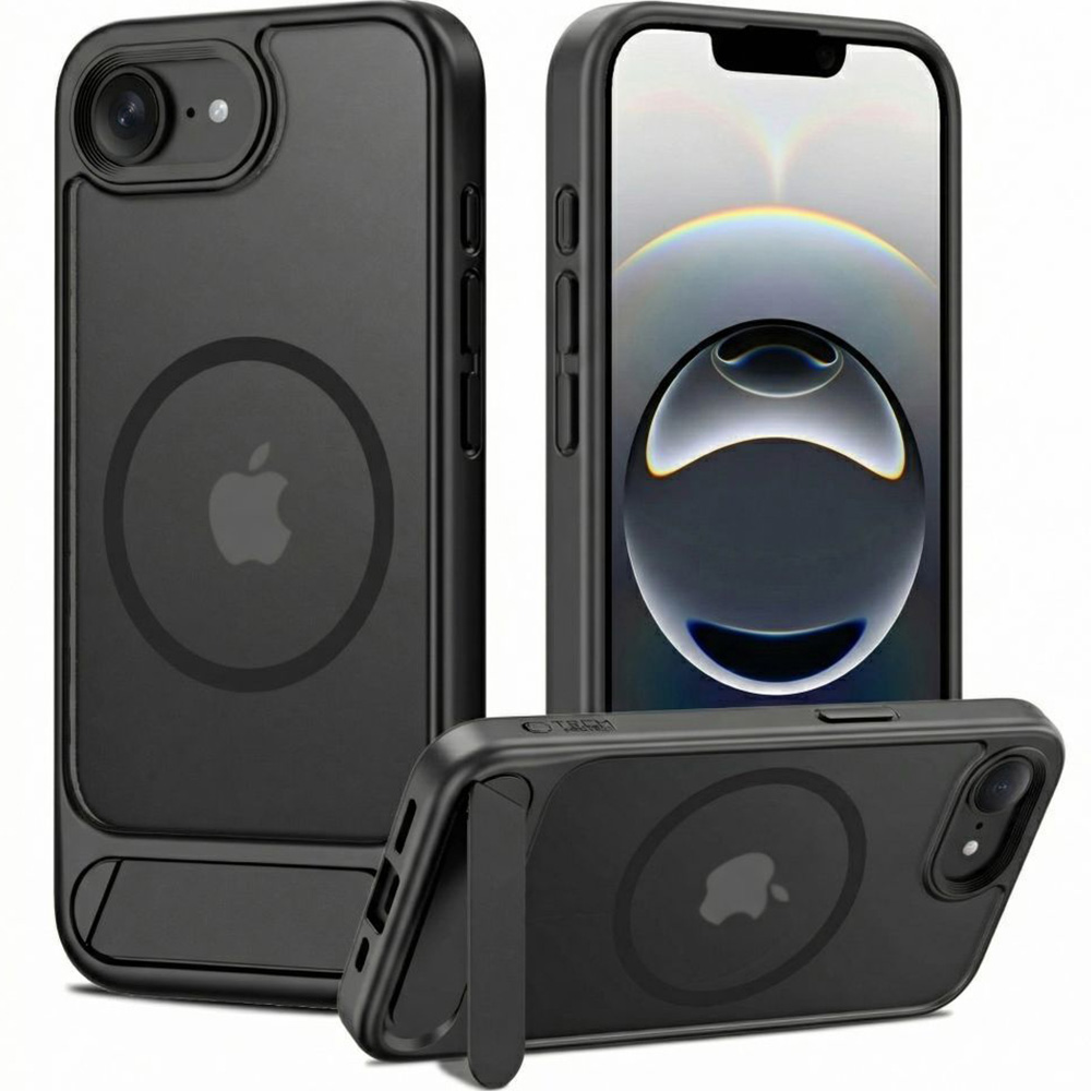 Etui z podstawką Tech-Protect MagRack do MagSafe do iPhone 17e / 16e, półprzezroczysto-czarne
