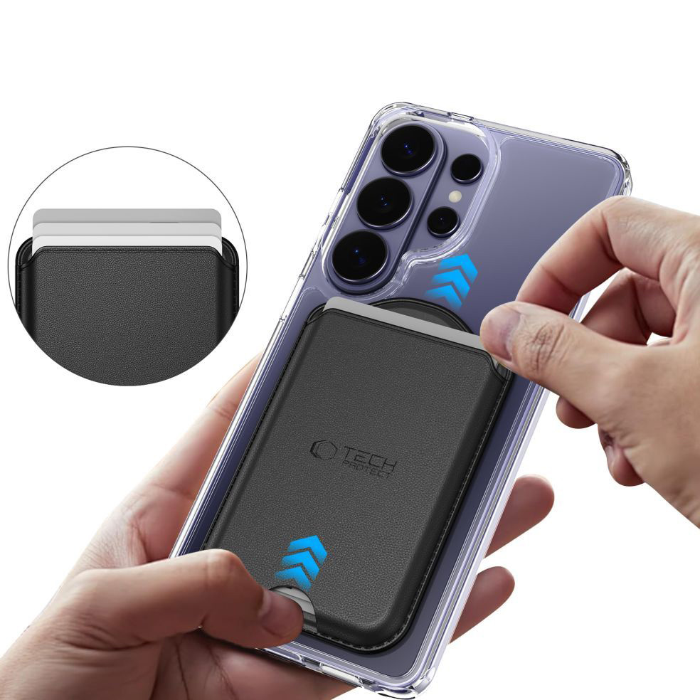 Uniwersalny uchwyt na karty MagSafe Tech-Protect, CH02. Idealnie pasuje do smartfonów iPhone, Samsung Galaxy oraz Pixel (wymagane etui MagSafe), eliminując potrzebę noszenia tradycyjnego portfela, czarny