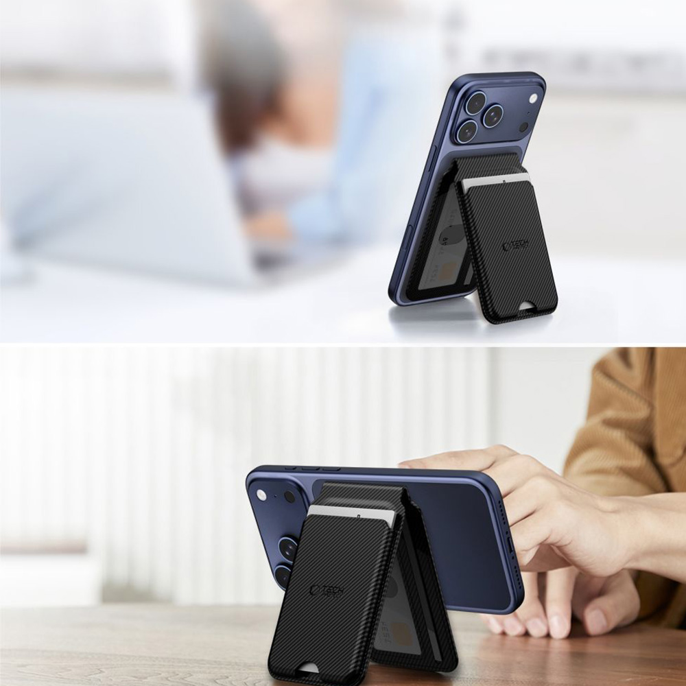 Portfel magnetyczny na karty z podstawką Tech-Protect MagWallet Stand do MagSafe, czarny karbonowy
