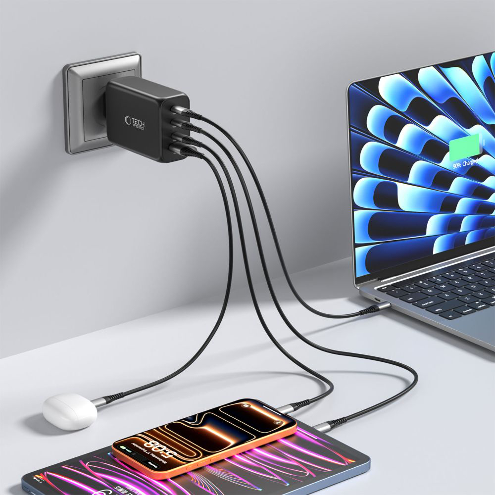 Tech-Protect NC240W, wieloportowa ładowarka szybkie ładowanie usb, praktyczna, czarna