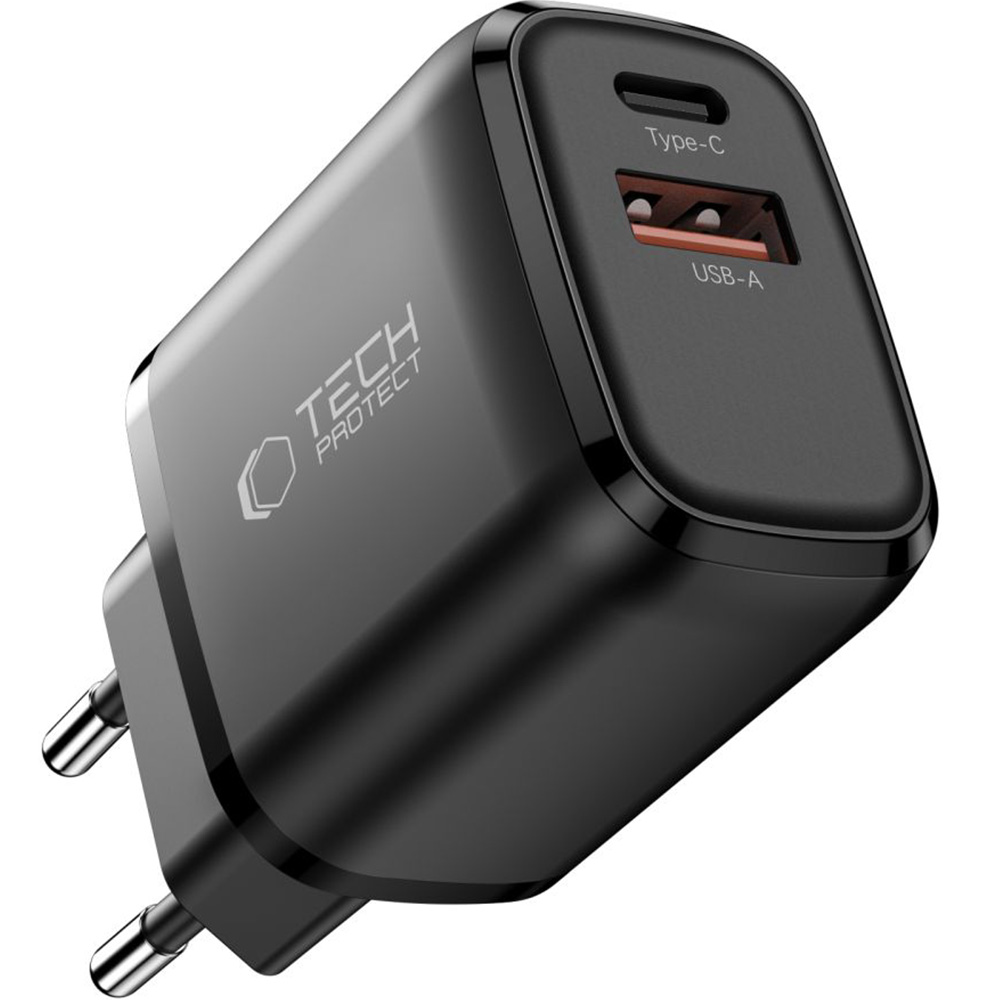 Ładowarka sieciowa Tech-Protect NCA65W GaN, 1x USB-A QC 3.0, USB-C PD, 65W, czarna