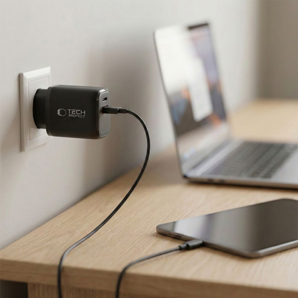 Ładowarka sieciowa Tech-Protect NCA65W GaN, 1x USB-A QC 3.0, USB-C PD, 65W, czarna