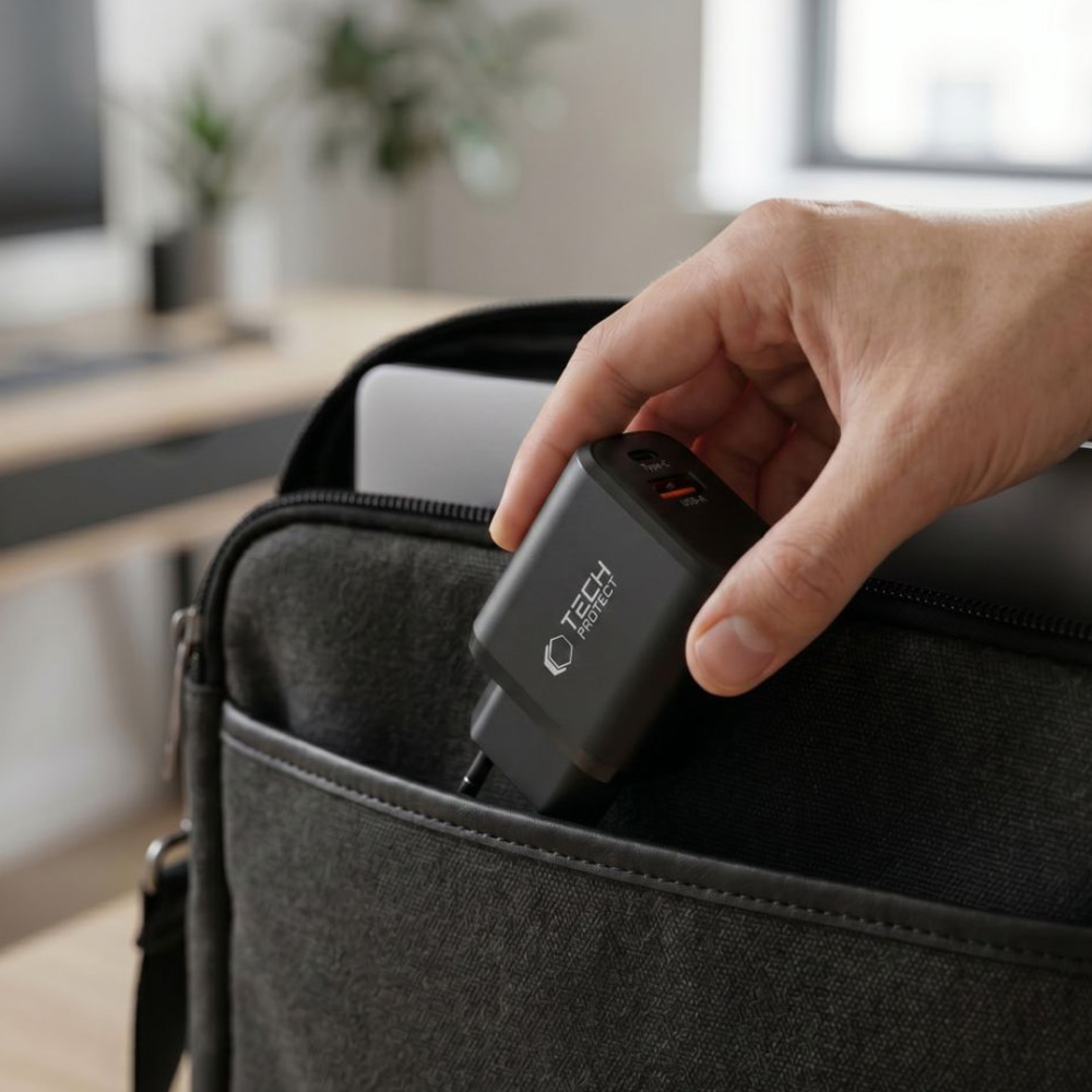 Ładowarka sieciowa Tech-Protect NCA65W GaN, 1x USB-A QC 3.0, USB-C PD, 65W, czarna