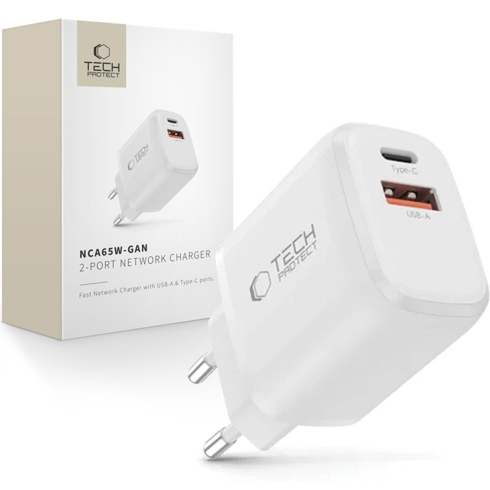 Ładowarka sieciowa Tech-Protect NCA65W GaN, 1x USB-A QC 3.0, 1x USB-C PD, 65W, biała