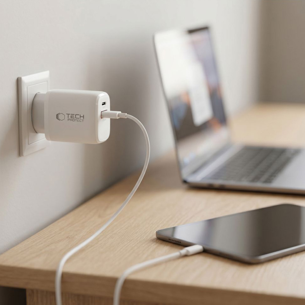 Ładowarka sieciowa Tech-Protect NCA65W GaN, 1x USB-A QC 3.0, 1x USB-C PD, 65W, biała