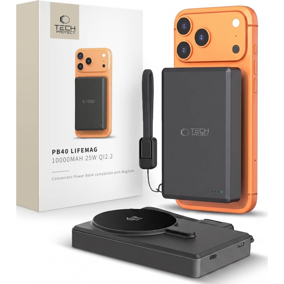 Powerbank magnetyczny Tech-Protect PB40 LifeMag 10000 mAh z ładowaniem Qi2.2 i kablem USB-C, czarny