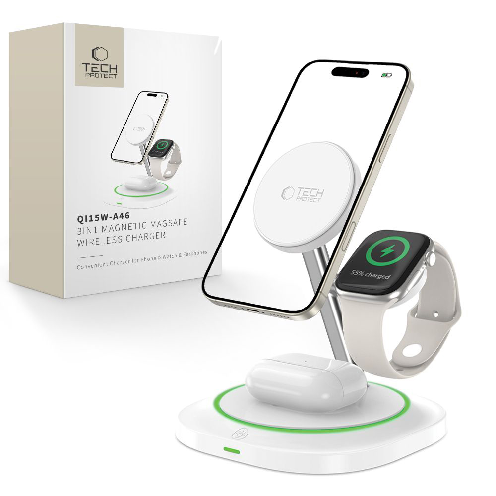 Tech-Protect Qi15W-A46, szybkie ładowanie MagSafe do iPhone Apple Watch AirPods, biała