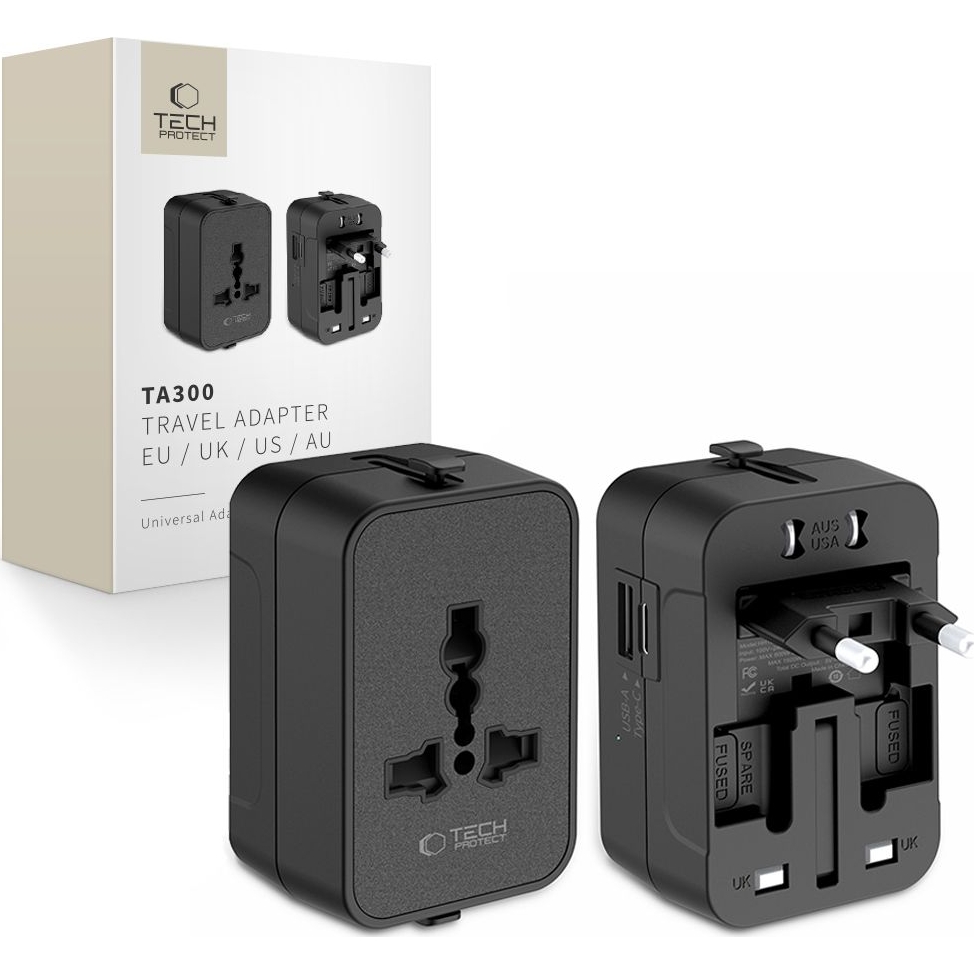 Adapter / przejściówka Tech-Protect TA300 z Wielkiej Brytanii (UK) do Europy (EU), 1x USB-A, 1x USB-C, czarny