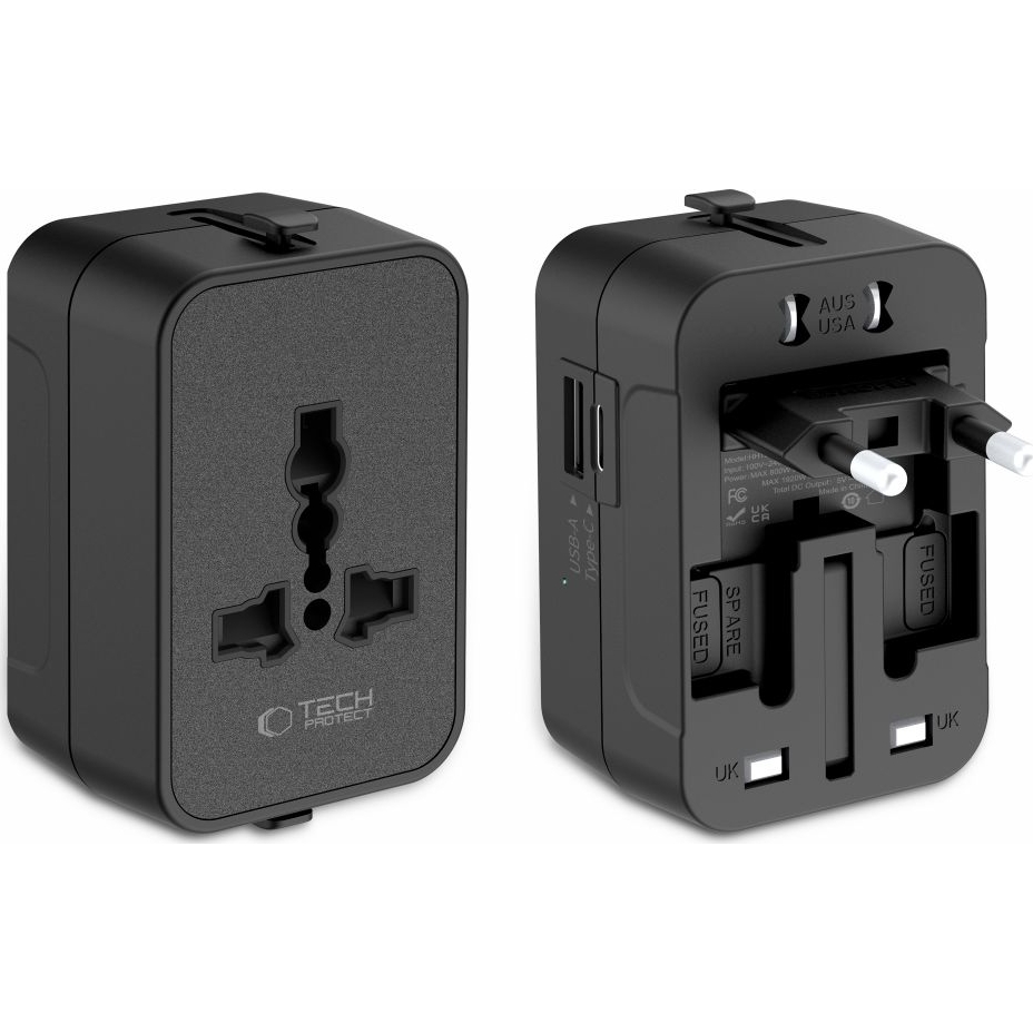 Adapter / przejściówka Tech-Protect TA300 (UK),  (EU), (US), (AU),  1x USB-A, 1x USB-C, czarny