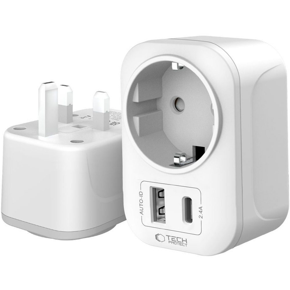 Adapter / przejściówka Tech-Protect TA100 z Wielkiej Brytanii (UK) do Europy (EU), 1x USB-A, 1x USB-C, biały