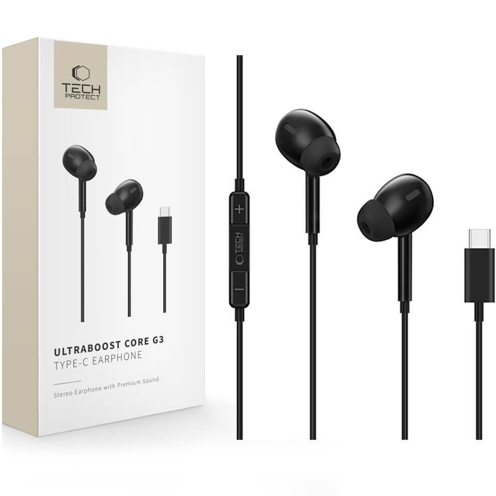 Słuchawki przewodowe douszne Tech-Protect UltraBoost Core G3, USB-C, 1,2 m, czarne