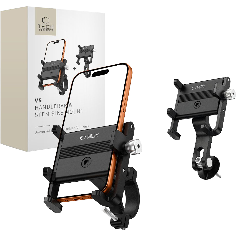 Tech-Protect V5 Handlebar & Stem, solidny uchwyt rowerowy na smartfon, bezpieczny, czarny