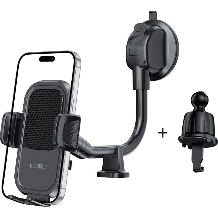 Tech-Protect V8 Universal Long Arm, montaż z przyssawką i dźwignią, adapter haczykowy, czarny