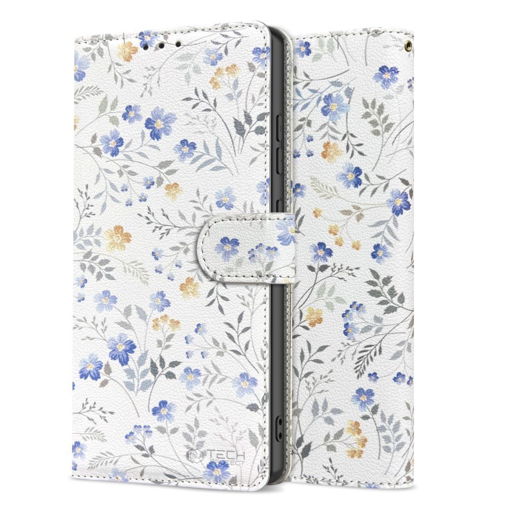 Etui Tech-Protect Wallet do Galaxy A57, białe z kwiecistym wzorem