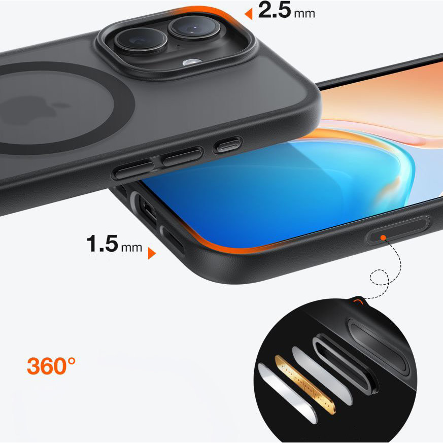 Torras Guardian-Mag do iPhone 17, ochrona 360 stopni, wzmocnione narożniki X-Shock, odporność na upadki, podniesione ranty, mniej zarysowań, przydymione z czarną ramką