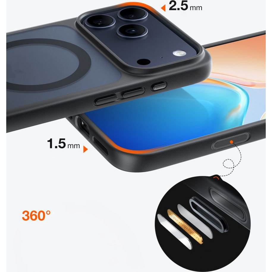 Torras Guardian-Mag do iPhone 17 Pro Max, ochrona 360 stopni, wzmocnione narożniki X-Shock, odporność na upadki, podniesione ranty, mniej zarysowań, przydymione z czarną ramką
