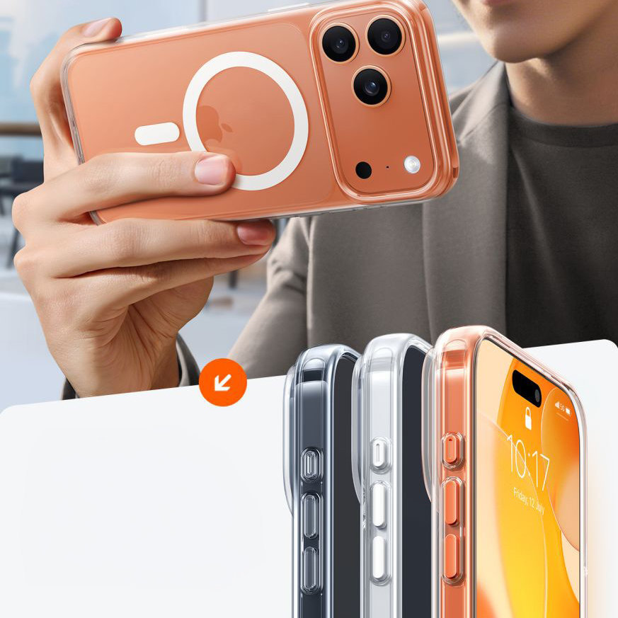 Torras Guardian-Mag do iPhone 17 Pro Max, szybki spust aparatu, precyzyjny przycisk, reakcja 0,1 sekundy, czterowarstwowa konstrukcja, minimalistyczne detale, przezroczyste
