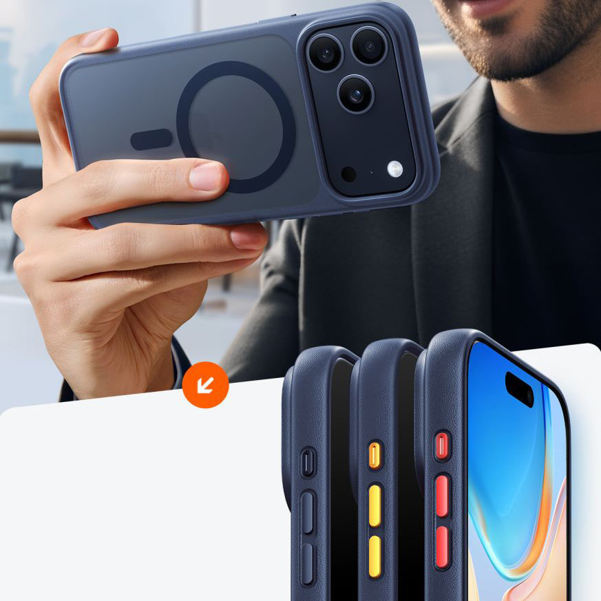 Torras Guardian-Mag do iPhone 17 Pro, szybki spust aparatu, precyzyjny przycisk, reakcja 0,1 sekundy, czterowarstwowa konstrukcja, minimalistyczne detale, przydymione z granatową ramką