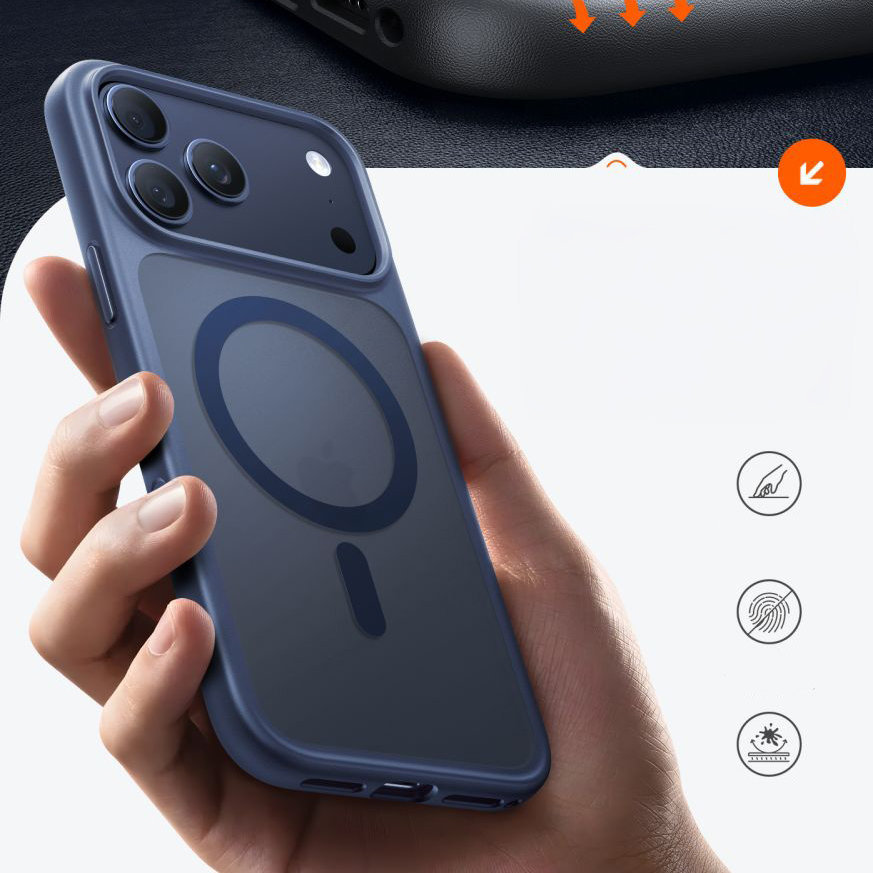 Torras Guardian-Mag do iPhone 17 Pro, pewny chwyt w dłoni, faktura Nappa, antypoślizgowa powierzchnia, smukły profil, mniej śladów, przydymione z granatową ramką