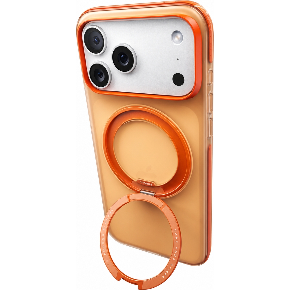 Etui Torras Ostand O3 Hue do iPhone 17 Pro z obrotowym stojakiem 360°, półprzezroczysto-pomarańczowe