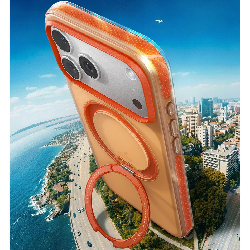 Etui Torras Ostand O3 Hue do iPhone 17 Pro z podwyższonymi krawędziami aparatu i ekranu, półprzezroczysto-pomarańczowe