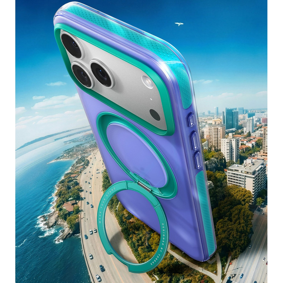 Etui Torras Ostand O3 Hue do iPhone 17 Pro Max z podwyższonymi krawędziami aparatu i ekranu, półprzezroczysto-fioletowe