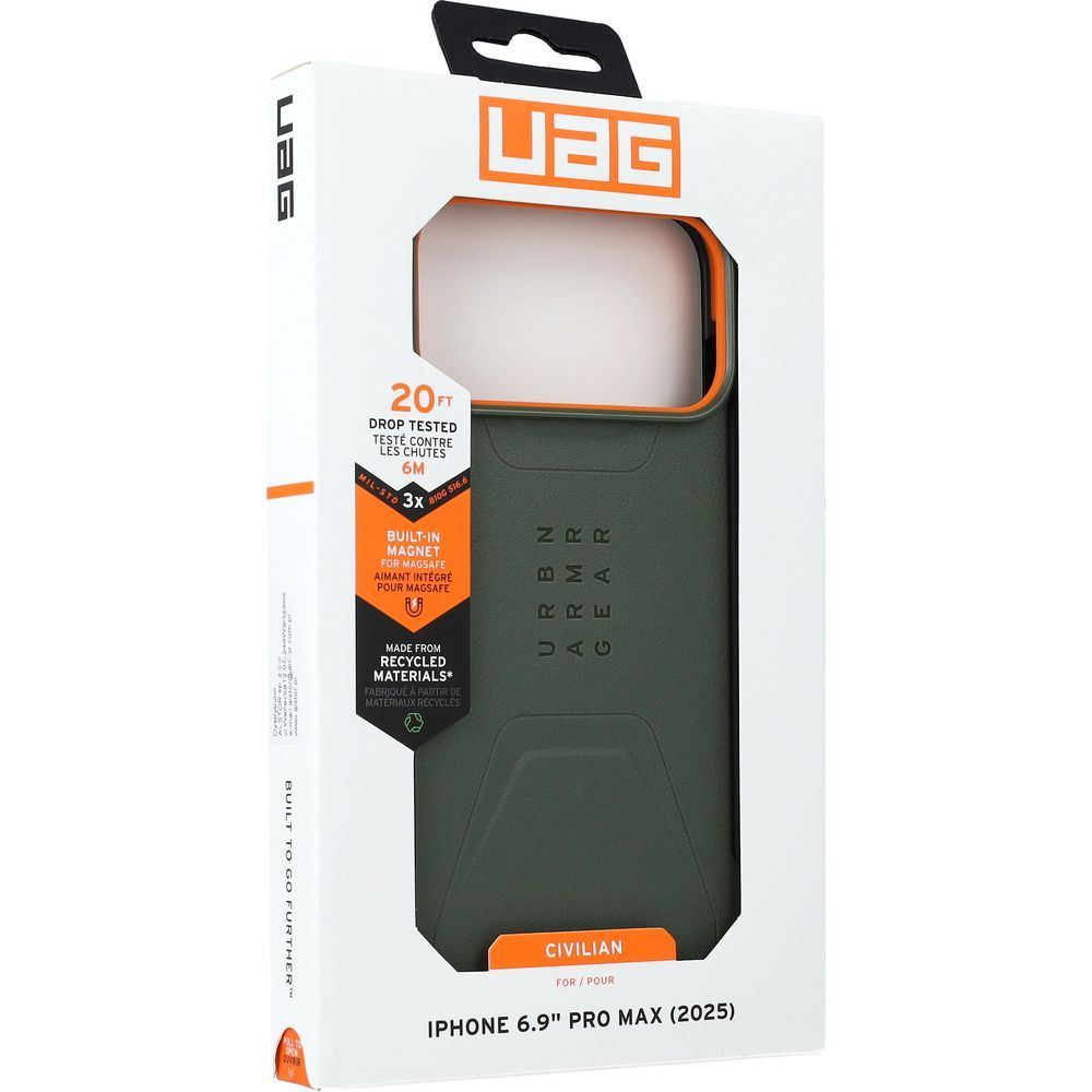 Etui pancerne Urban Armor Gear Civilian do MagSafe do iPhone 17 Pro Max, zielone z pomarańczowym