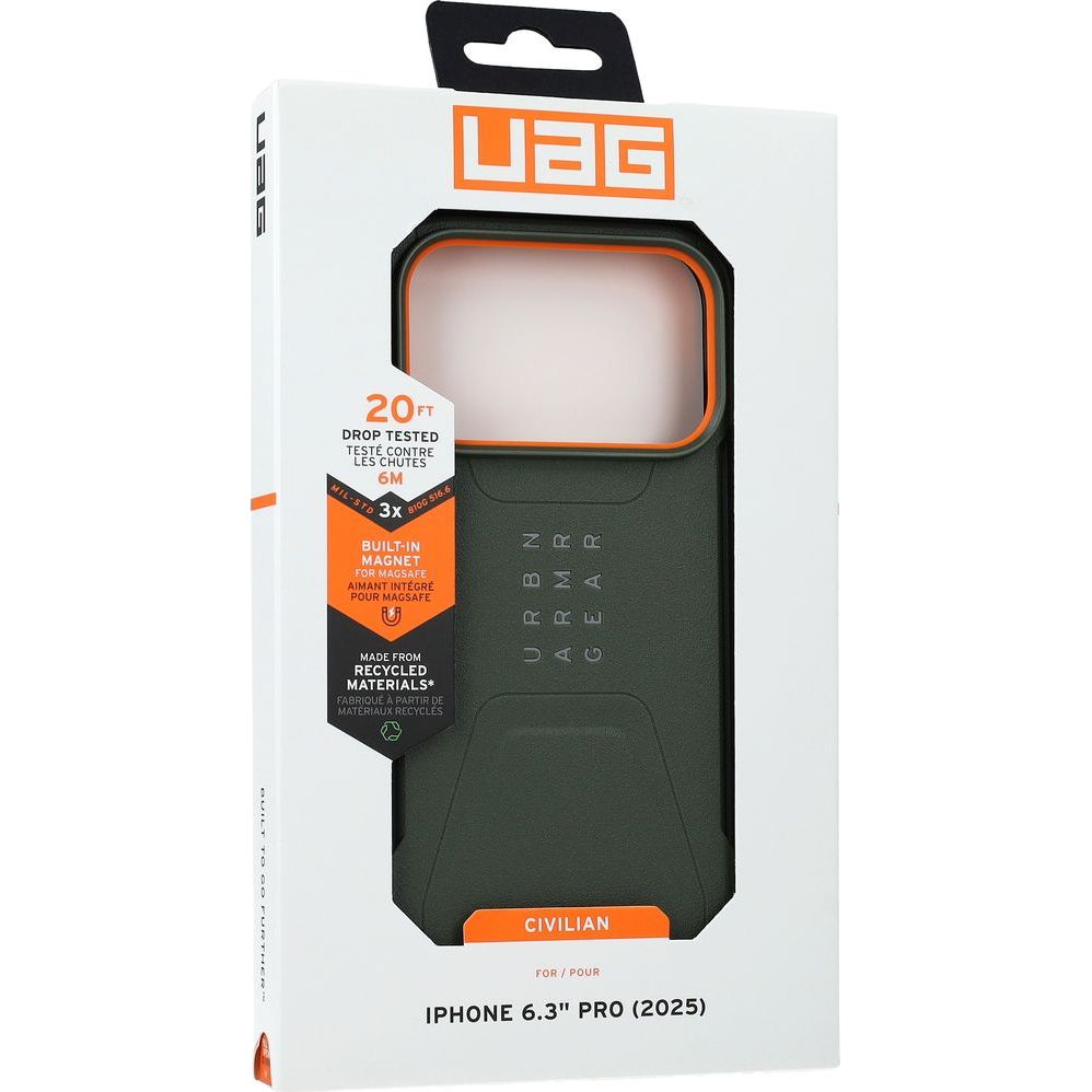Etui pancerne Urban Armor Gear Civilian do MagSafe do iPhone 17 Pro, zielone z pomarańczowym