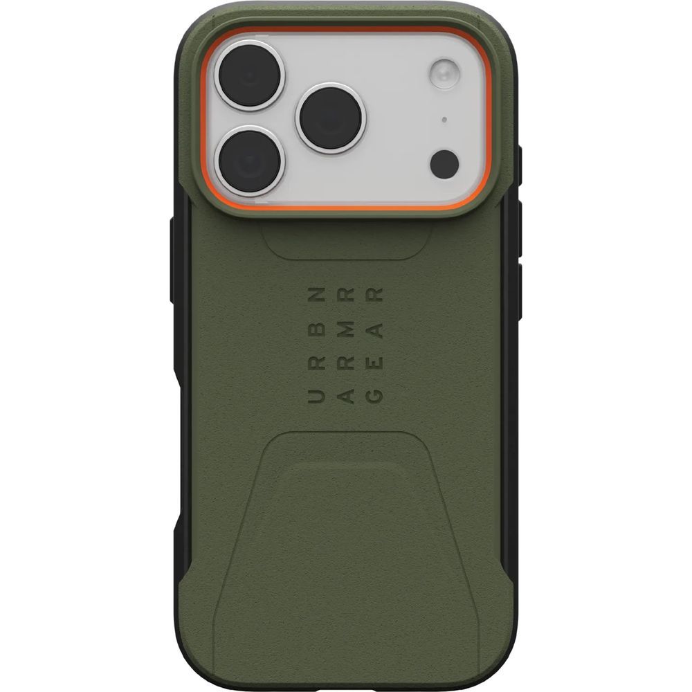 Etui pancerne Urban Armor Gear Civilian do MagSafe do iPhone 17 Pro, zielone z pomarańczowym