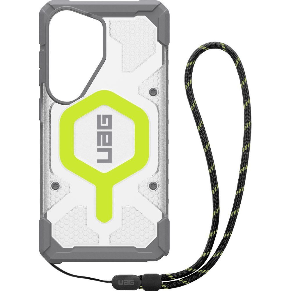 Etui ze smyczą Urban Armor Gear Pathfinder Clear MagSafe Bundle, funkcjonalne przezroczyste etui premium ochronne solidne, przezroczysto-szare z zielonym elementem