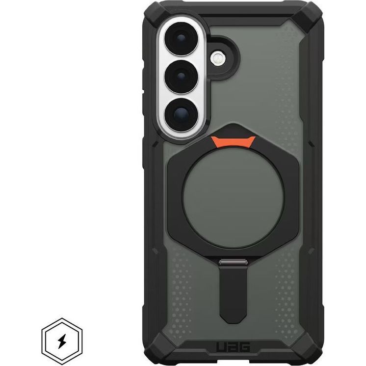 Etui pancerne z podstawką Urban Armor Gear Plasma XTE do MagSafe do Galaxy S26, półprzezroczysto-czarne z pomarańczowym elementem
