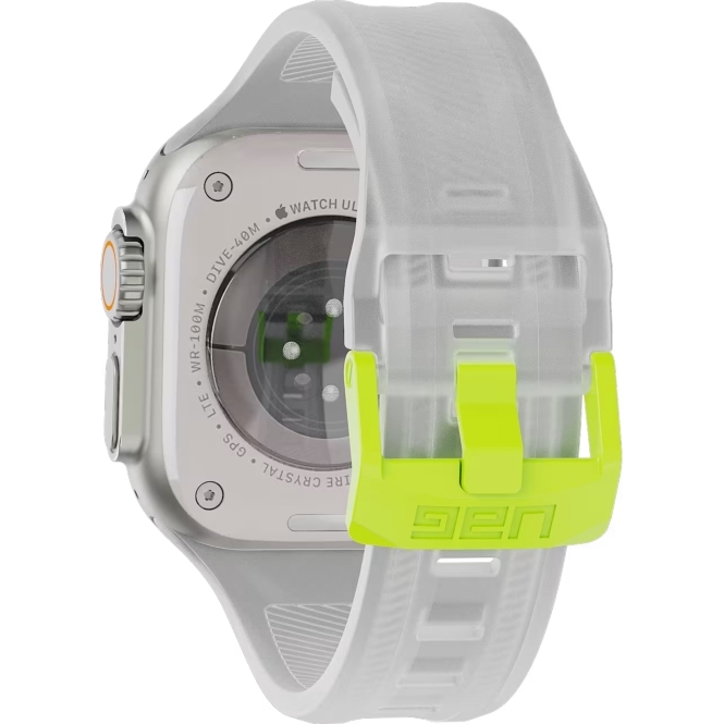 Silikonowa bransoleta marki Urban Armor Gear z serii Scout Strap do Apple Watch 49/46/45/44mm, przydymiony z neonowym zapięciem