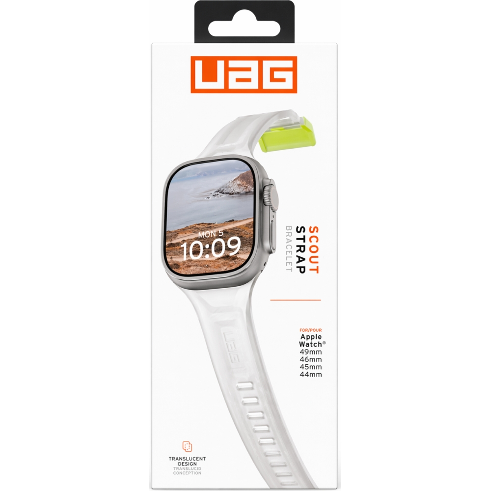 Silikonowa bransoleta marki Urban Armor Gear z serii Scout Strap do Apple Watch 49/46/45/44mm, przydymiony z neonowym zapięciem