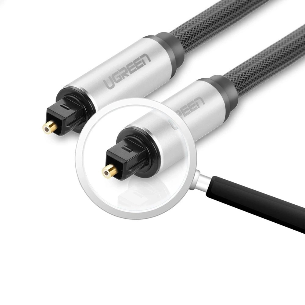Kabel optyczny Ugreen AV108 przewód audio cyfrowy światłowód do podłączenia urządzeń typu: DVD, TV, Blue-ray, konsol lub komputerów do np. telewizora czy amplitunera kina domowego. Toslink SPDIF, 1m, szary.