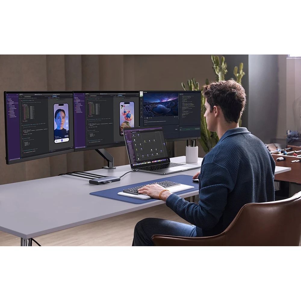 Hub 8w1 Ugreen CM639, 2x HDMI 4K/60Hz, 1x DP 4K/60Hz, 2x USB-A, 3x USB-C, PD 100W, 10 Gb/s, czarno-srebrny, zestaw wielomonitorowy z wysoką jakością obrazu, funkcjonalny