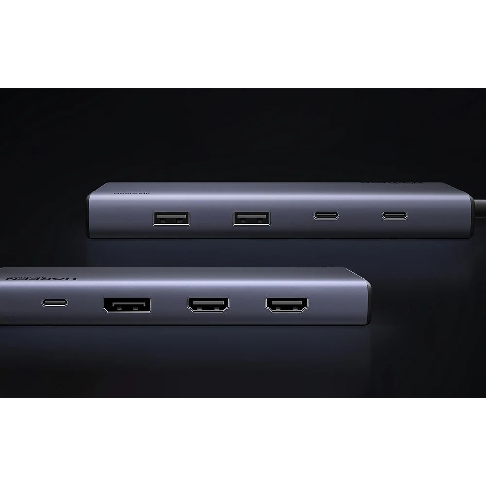 Hub 8w1 Ugreen CM639, 2x HDMI 4K/60Hz, 1x DP 4K/60Hz, 2x USB-A, 3x USB-C, PD 100W, 10 Gb/s, czarno-srebrny, aluminiowa obudowa, wieloplatformowy i wydajny hub, trwały