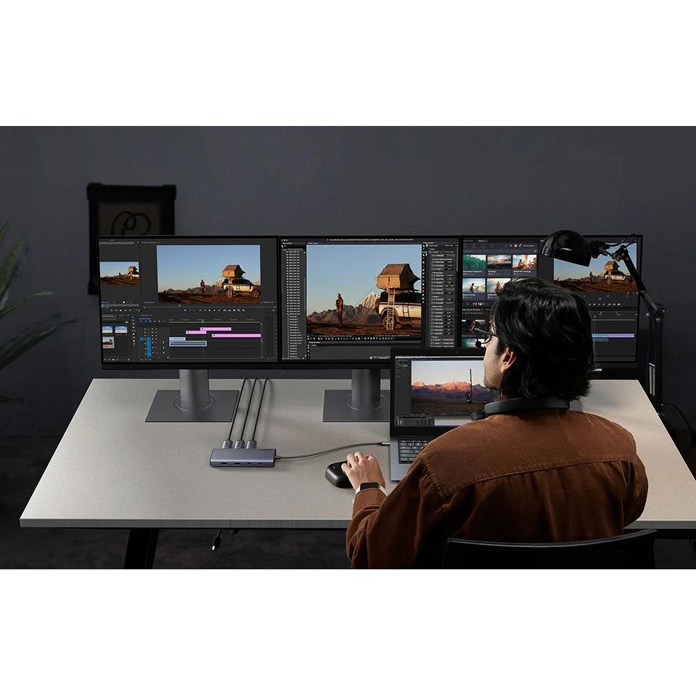 Hub 8w1 Ugreen CM639, 2x HDMI 4K/60Hz, 1x DP 4K/60Hz, 2x USB-A, 3x USB-C, PD 100W, 10 Gb/s, czarno-srebrny, szybki transfer plików i bezpieczne ładowanie, wydajny