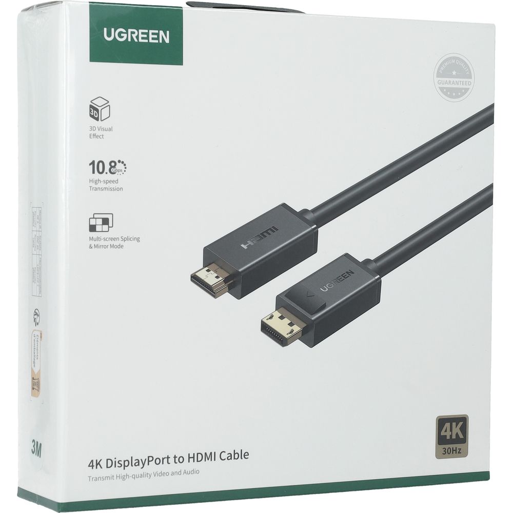 Kabel / przewód / złącze jednokierunkowe do komputera, telewizora, laptopa, ekranu Ugreen DP101 DisplayPort do HDMI 4k , UHD, 3 m, czarny