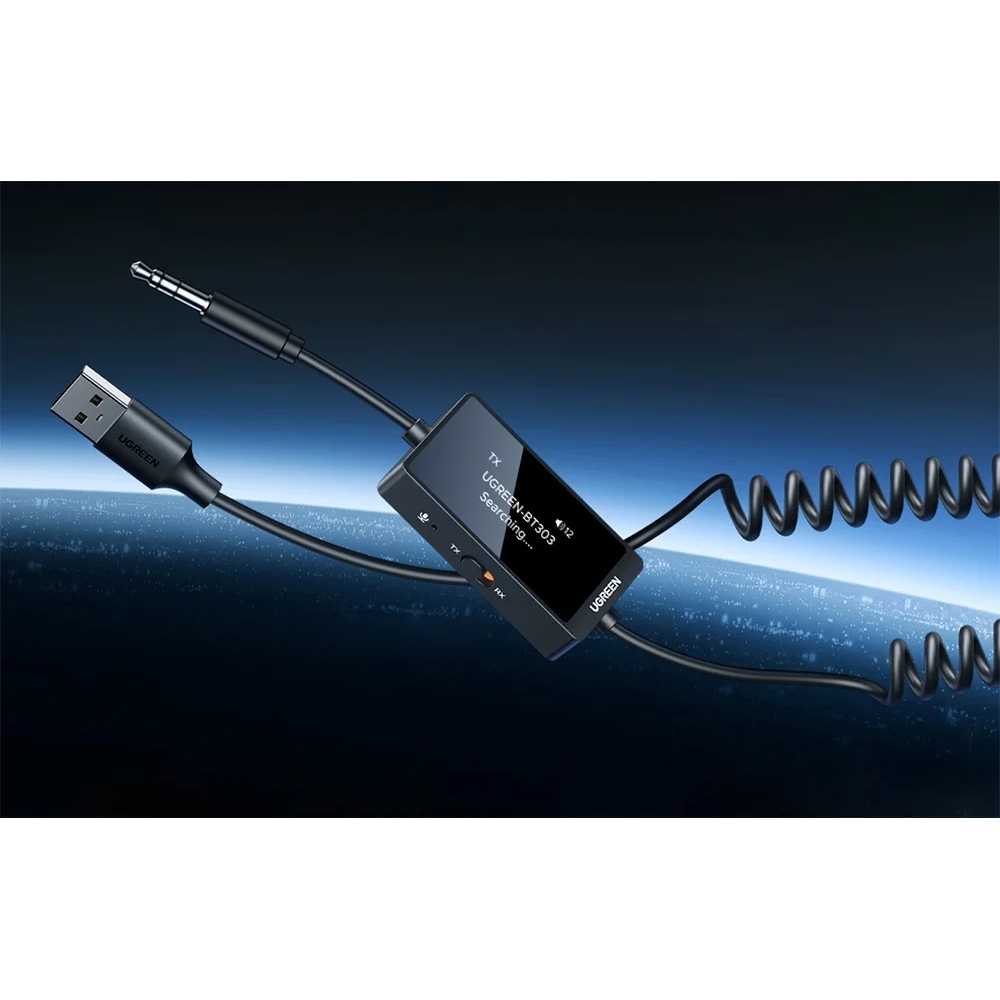 Adapter audio Bluetooth UGREEN 45236 TX RX ze sprężynowym kablem AUX, czarny