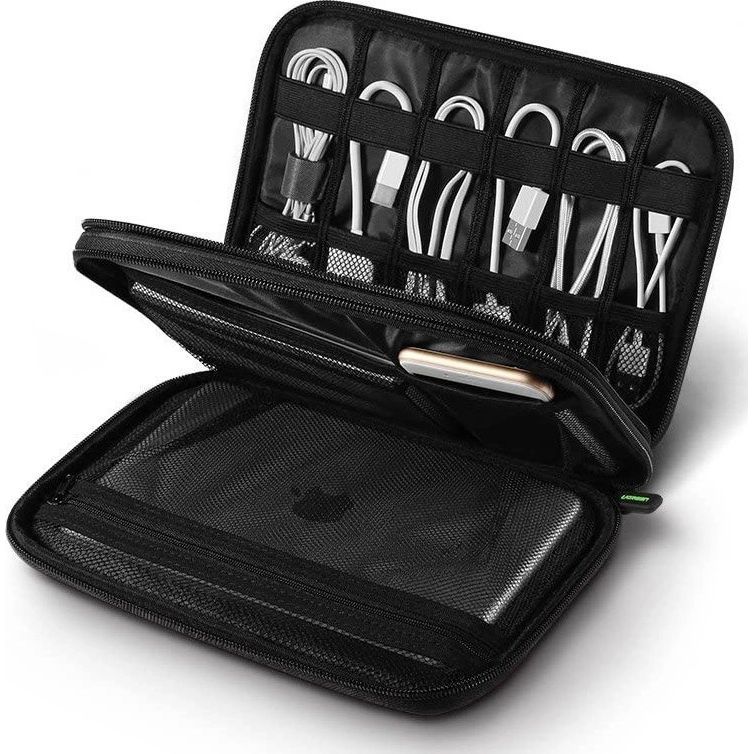Etui / pudełko / organizer Ugreen LP149 na dysk HDD / SSD, tablet, telefon, kable i akcesoria, szaro-czarne. Mocowanie elastyczne przewody adaptery bezpieczne